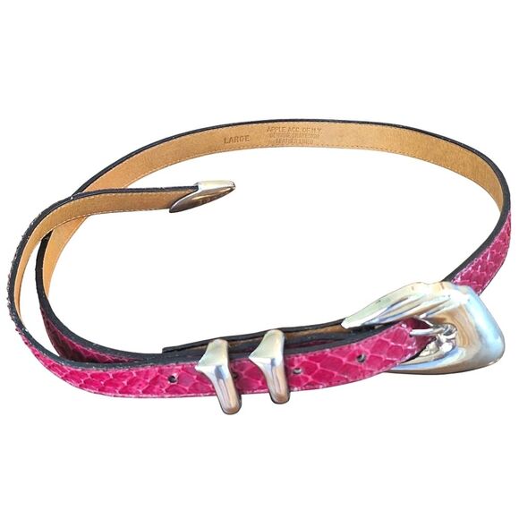 Genuine Snakeskin Belt Chrome Buckle Apple Acc of DE NY Magenta VTG 1970s Sz L - Picture 2 of 16